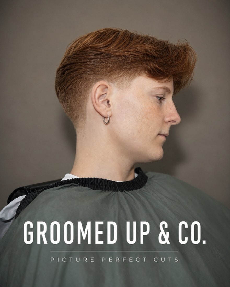 Copper textured crop with a tapered nape, in profile — a Groomed Up & Co. lookbook card.