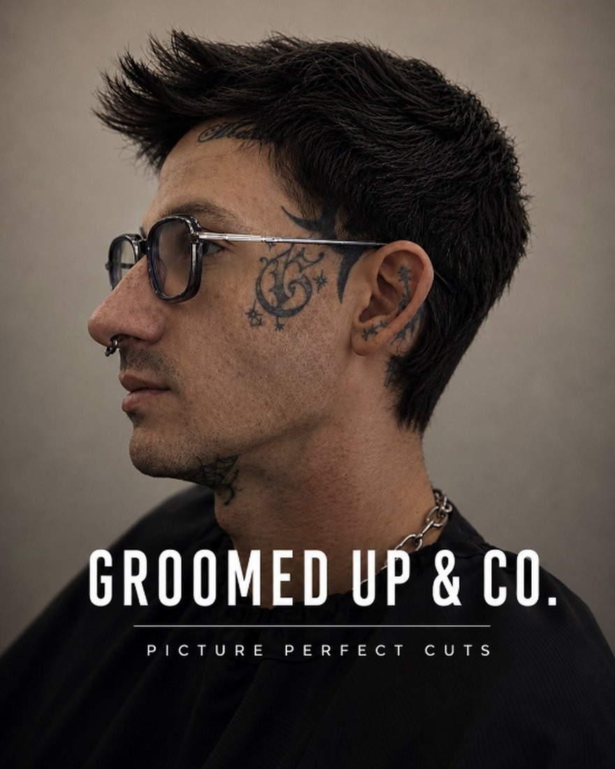 Textured spiked cut, in profile — a Groomed Up & Co. lookbook card.